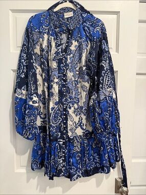 Miss June Blue Paisley Long-Sleeve Ruffle Hem Dress